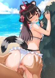 1boy 1girl ahoge animal_ears anus ass ass_grab beach bikini bikini_bottom_aside black_hair blue_sky blush braid breasts clothed_female_nude_male clothed_sex clothing clothing_aside cloud day doggystyle female frilled_bikini frills from_behind hair_ornament hair_ribbon hetero long_hair looking_at_viewer looking_back male medium_breasts mosaic_censoring motion_lines multicolored_hair ocean open_mouth outdoors penis pussy raccoon_ears raccoon_girl raccoon_tail raki_kazuki sex sex_from_behind sideboob sky solo_focus standing standing_sex striped_tail swimsuit tail tsuruyama_(tenten) vagina vaginal virtual_youtuber water white_bikini yellow_eyes