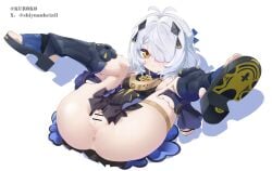 1girl absurdres anus bar_censor black_dress censored cleft_of_venus commentary dracaene_sunbringer dress film_grain hair_over_one_eye heizi highres looking_at_viewer m_legs medium_hair pussy sandals simple_background solo spread_legs twitter_username white_background white_hair yellow_eyes zenless_zone_zero