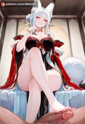 1boy 1girls ai_generated footjob fox_ears fox_girl fox_tail hsin_(wuthering_waves) large_breasts naughty_face older_female penis pov thick_thighs white_hair wuthering_waves