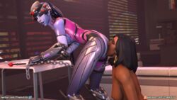 2girls 3d analingus ass_lick ball_gag bdsm bent_over black_hair chained closed_eyes collar dark_skin dominatrix femdom femsub kneeling leash oral overwatch pharah source_filmmaker submissive thearti3d widowmaker yuri