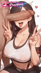 1boy 1girl 2026 ai_generated artist_name black_skirt boobs breasts bust chest cleavage clothed_female_nude_male cock dick double_v earrings erection final_fantasy heart hetero hi_res high_quality highres interracial jewelry long_hair navel nude patreon patreon_username penis penis_on_face pinkname see-through skirt suspender_skirt suspenders sweat tank_top testicles tifa_lockhart tits tongue tongue_out v w watermark