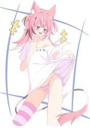 abstract_background artist_request camila_(vtuber) cat_ears club_(shape) hair_ornament heart_symbol imp indie_virtual_youtuber kemonomimi laugh lifting_shirt long_hair one_stocking panties pink_hair pink_panties purple_eyes sharp_teeth short_twintails spade_(shape) stocking striped_legwear striped_panties t-shirt tail virtual_youtuber vtuber vtuberfanart wings