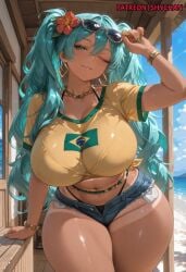 1girl 1girls 2026 ai_generated aqua_eyes aqua_hair big_breasts big_thighs blue_eyes blue_hair boobs brazilian brazilian_female brazilian_miku breasts curvy curvy_body curvy_female curvy_figure dark-skinned_female dark_skin denim_shorts earrings female_only flower_in_hair glasses_on_head huge_breasts huge_thighs jersey jewelry large_breasts large_thighs long_hair looking_at_viewer patreon patreon_username short_shorts shorts shychan solo solo_female solo_focus stable_diffusion sunglasses sunglasses_on_head tan_body tan_skin thick thick_thighs thighs twintails voluptuous voluptuous_body wide_hips wink winking_at_viewer
