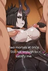 1girl 2boys ai_generated annoyed annoyed_expression black_choker black_lipstick breasts_out cameltoe caption cum cum_on_breasts demon_girl female_sitting fortnite handjob horn kimono large_breasts medium_penis night_rose penis_on_breast shindhas threesome tight_clothing yellow_eyes