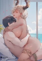 1boy 1girl ai_generated azur_lane barefoot blonde_hair blush braided_hair breasts closed_eyes completely_nude cowgirl_position embrace heart hetero highres horns hug huge_breasts indoor large_breasts long_hair nipples nsfw ocean on_bed open_mouth outdoor owari_(azur_lane) penetration sex shiny_skin stormiaart straddling sweat uncensored vaginal window yellow_eyes