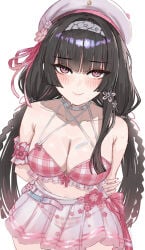 1girls black_hair blush chisa_(wuthering_waves) female female_focus female_only long_hair medium_breasts official_alternate_costume pink_swimsuit red_eyes see-through_clothing see-through_swimsuit solo solo_female swimsuit wuthering_waves