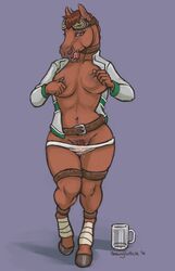 2016 anthro belt big_breasts blue_eyes bottomless breasts brown_fur chewycuticle clothed clothing colored_sketch ear_piercing equine eyewear female fur ginger ginger_(pogothebullterrier) goggles hi_res hooves horse leg_wraps licking licking_lips looking_at_viewer mammal nipple_pinch nipples open_jacket panties partially_clothed piercing pinch pubes pussy_juice signature simple_background solo teasing tongue tongue_out underwear wet_panties wraps