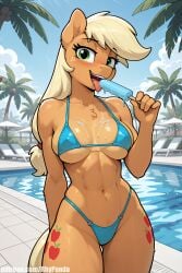 ai_generated applejack_(mlp) my_little_pony outside pool popsicle rhypanda