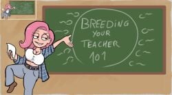big_breasts impossible_fit milf ongezellig pink_hair solo_female solo_male suggestive_smile teacher unrealistic_proportions vera_persijn whiteboard