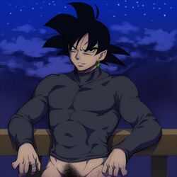 1boy black_hair bottomless dragon_ball dragon_ball_z goku_black grin looking_at_viewer male male_only muscle naughty_face outdoors pubic_hair sky smirk solo solo_male son_goku