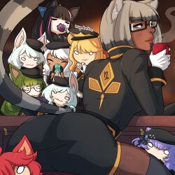 9girls ass back_view bangs black_hair blonde_hair blunt_bangs cat_ears cat_tail catgirl cornelia_(kinkymation) cup dark-skinned_female dark_skin gemi_(kinkymation) glasses green_hair grey_hair hi_res kansa_(kinkymation) kinkymation leah_(kinkymation) light-skinned_female light_skin long_hair looking_at_viewer looking_back looking_back_at_viewer medium_hair multiple_girls nina_(kinkymation) orange_eyes purple_hair red_hair red_lips sage_(kinkymation) scarlet_(kinkymation) sitting tail thigh_squish virginia_(kinkymation) white_hair zodicat