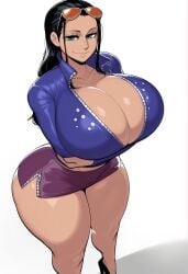 1girls ai_generated arms_crossed_under_breasts big_ass big_breasts black_hair breasts_bigger_than_head cleavage crossed_arms curvaceous female female_only glasses_on_head high_heels hourglass_figure large_breasts light-skinned_female light_skin long_hair looking_at_viewer miniskirt nico_robin one_piece short_skirt simple_background standing tanned_female thick thick_thighs voluptuous voluptuous_female wide_hips yukinyami