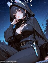 1girl ai_generated alternate_costume animal_ears arlequin097 belt black_belt black_cloak black_hair black_nails black_pants black_shirt blue_archive blush breasts bright_pupils buttons cape cleavage cloak closed_mouth fake_animal_ears fingernails halo hood hood_up hooded_cape hooded_cloak large_breasts lips long_hair long_sleeves looking_at_viewer miyu_(blue_archive) nail_polish night night_sky outdoors pants power_lines rabbit_ears red_eyes shirt sitting sky solo star_(sky) starry_sky tree utility_pole