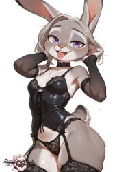 1girls ai_generated bunnygirl female female_only judy_hopps lingerie oiled_body oiled_skin stockings wet_skin