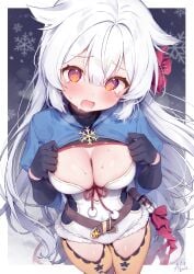 artist_request breasts christmas christmas_outfit fuyuka_(stella_sora) stella_sora swirly_eyes