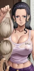 1girls ai_generated big_breasts bra curvy curvy_body curvy_female curvy_figure huge_breasts kyoru189 large_breasts light-skinned_female light_skin looking_at_viewer mature_female nico_robin nipple_bulge nipples one_piece seductive seductive_look shiny shiny_skin solo solo_female sweat sweaty tank_top