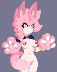 1girls aurashock belly belly_button breasts cape clothing exposed_breasts female female_only furry furry_ears gloves half-dressed half_naked hips light_skin looking_away medium_hair necklace original original_character pasties paw_gloves pink_eyes pink_hair semi_nude tail tail_covering_crotch wide_hips