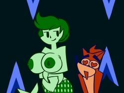 2026 2026s anonymous_artist areolae bandicoot bandicoot_humanoid big_breasts bootleg cave cavern crash_(series) crash_bandicoot crash_bandicoot_(series) fishtail green_skin heart heart_eye heart_eyes horny horny_female ice_cave limited_palette mermaid nipples no_shading pussy short_hair simple_background unknown_artist