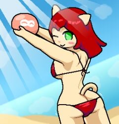 1girl 1girls anthro ass ass_focus beach bikini blush blushing boobs breasts butt cat_ears cat_girl cat_tail catgirl forbiddenchees8 green_eyes happy holding motion_lines puyo_(puyopuyo) puyo_puyo red_bikini red_hair sand sunbeam water zxtomatofan