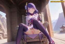 1girl ai_generated architecture armor bare_shoulders blush braid braided_ponytail breasts censored cleavage cleft_of_venus closed_mouth cloud day east_asian_architecture flower foot_out_of_frame genshin_impact hair_flower hair_ornament japanese_clothes kimono large_breasts long_hair long_sleeves looking_at_viewer medium_breasts mole mole_under_eye mosaic_censoring nivora no_panties obi off_shoulder outdoors parted_lips purple_eyes purple_hair purple_kimono purple_thighhighs pussy raiden_shogun sandals sash shoulder_armor shrug_(clothing) sitting sky solo spread_legs thighhighs thighs uncensored very_long_hair vision_(genshin_impact) wide_sleeves