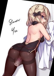 1girls artist_name ass azur_lane bare_back bare_shoulders black_bow black_legwear blue_eyes bow dated dildo_under_clothes female female_only from_behind hairbow highres iron_blood_(azur_lane) labcoat light-skinned_female light_skin looking_back object_insertion open_mouth pantyhose platinum_blonde_hair short_hair solo stmaster thighband_pantyhose vaginal_object_insertion vaginal_penetration vibrator vibrator_under_clothes z23_(azur_lane) z23_(philosophy_sensei)_(azur_lane)