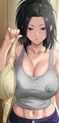 1girls ai_generated big_breasts bra curvy curvy_body curvy_female curvy_figure female female_only huge_breasts kyoru189 large_breasts light-skinned_female light_skin looking_at_viewer mature_female momo_yaoyorozu my_hero_academia nipple_bulge nipples seductive seductive_look shiny shiny_skin solo solo_female sweat sweaty tank_top