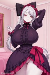 1girl ai_generated arm_behind_head arm_up black_bow black_dress bow breasts cleft_of_venus cowboy_shot curvy dress frilled_dress frills grey_hair hair_bow huge_breasts juliet_sleeves lolita_fashion long_hair long_sleeves looking_at_viewer no_panties overlord_(maruyama) pale_skin ponytail puffy_sleeves pussy red_eyes red_ribbon shalltear_bloodfallen smile solo swept_bangs thick_thighs thighs very_long_hair wide_hips