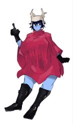 1girls big_breasts black_hair blue_body boots breasts_bigger_than_head clothed commission female_only gloves huge_breasts hylics loose_clothes oversized_clothes red_shirt sadeface shirt short_hair simple_background somsnosa_(hylics)