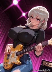 1girl 2026 ai_generated anime bangs black_shirt blue_eyes blue_pants boobs breasts cleavage closed_mouth covered_nipples crossover denim electric_guitar female female_focus grey_hair guitar highres holding holding_instrument huge_breasts instrument jeans large_breasts long_hair mature_female music neutral_expression nsfw pants patreon patreon_username playing_instrument rognezart shirt smile smiling solo stage stage_lights torn_clothes torn_jeans torn_pants uzaki-chan_wa_asobitai! uzaki_tsuki very_long_hair
