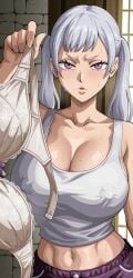 1girls ai_generated big_breasts black_clover bra curvy curvy_body curvy_female curvy_figure female female_only huge_breasts kyoru189 large_breasts light-skinned_female light_skin looking_at_viewer mature_female nipple_bulge nipples noelle_silva seductive seductive_look shiny shiny_skin solo solo_female sweat sweaty tank_top