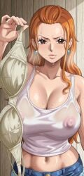1girls ai_generated big_breasts bra curvy curvy_body curvy_female curvy_figure huge_breasts kyoru189 large_breasts light-skinned_female light_skin looking_at_viewer mature_female nami_(one_piece) nipple_bulge nipples one_piece seductive seductive_look shiny shiny_skin solo solo_female sweat sweaty tank_top