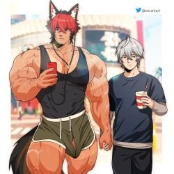 animal_ears animal_tail balls bara bulge dog_boy dog_ears dog_tail dogboy flaccid holding_hands komano_manato male male_only muscles muscular penis scar scar_across_eye tail varantart wise_(zenless_zone_zero) zenless_zone_zero