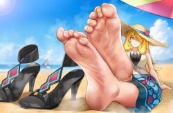 1girls barefoot beach blonde blonde_female blonde_hair clothed clothed_female clothing creatures_(company) cynthia_(pokemon) cynthia_(summer_2025)_(pokemon_masters) dirty_feet feet female female_only foot_fetish foot_focus game_freak light-skinned_female light_skin nail_polish nintendo outdoors pokemon pokemon_dppt pokemon_masters reiku09 sand_on_foot sandals sandals_removed shoes_removed soles solo solo_female toes