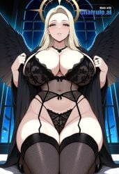 1girl ai_assisted ai_generated bedroom black_heels black_lingerie black_thighhighs black_wings blonde_hair blue_eyes blush curvaceous_body curvaceous_hips curvaceous_thighs curvy dark_eyeshadow detailed_face feathered_wings feathers floating_hearts from_below full_lips gray_eyes half_closed_eyes halo heart_shaped_pupils heart_symbol high_quality hourglass_body huge_breasts huge_hips huge_thighs jewelry lace_panties lace_thighhighs large_breasts large_thighs lips long_hair looking_at_viewer makeup massive_thighs mature_woman night pale_skin parted_lips perfect_body platinum_blonde_hair pov ring robe seductive_eyes shiny_skin soft_skin wings