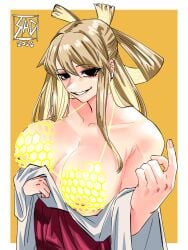 black_eyes blonde_hair fishnets inverted_nipples inviting inviting_to_sex priestess rebelafterdark sentai_daishikkaku shrine_maiden suzukiri_yumeko