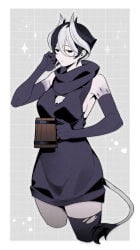 alternate_costume beer_mug big_breasts black_and_white_hair black_eyes black_gloves body_markings elbow_gloves expressionless female female_only fully_clothed gloves hair_between_eyes looking_at_viewer made_in_abyss ozen pale-skinned_female pale_skin short_hair sideboob single_thighhigh sleeveless sleeveless_dress sleeveless_turtleneck solo spes_2323 sweater sweater_dress tail turtleneck two-tone_hair wide_hips