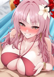 1girl absurdres bare_shoulders bikini black_horns blue_archive blurry blurry_background blush breasts cleavage collarbone commentary_request earrings english_commentary fingernails flower grin hair_flower hair_intakes hair_ornament halo highres hoop_earrings horns huge_breasts implied_paizuri jewelry long_hair mixed-language_commentary mole mole_on_breast multicolored_horns nail_polish paizuri pink_hair pink_lips red_bikini red_halo red_horns satsuki_(blue_archive) satsuki_(swimsuit)_(blue_archive) smile solo swimsuit teeth two-tone_horns watchimen yellow_eyes yellow_flower
