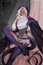1girls 2_tails 3_fingers 3_toes absurd_res belt blue_eyes blush clothing crop_top crop_top_sweater crossed_legs dragon_girl dragon_horns dragon_humanoid dragon_tail eyelashes female female_only horns jean_shorts leotard light_skin long_hair looking_at_viewer maewix1 minishorts o-ring_thigh_strap pointy_ears purple_scales scaled_arms scaled_legs scales scalie sharp_claws sharp_fingernails sitting smiling smiling_at_viewer solo tail thick_thighs thigh_strap toe_claws turtleneck white_hair winged_arms wings