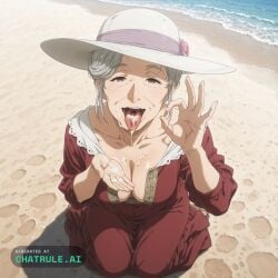 1girl ai_assisted ai_generated awaiting_cum beach brown_eyes cowboy_shot cum_in_hair cum_on_face cum_on_hands fellatio_gesture full_body grey_hair hand_on_headwear hat kneeling looking_at_viewer mature_female mm naked old_woman open_mouth oral_invitation outdoors red_dress smile solo tongue_out view_from_above violet_evergarden