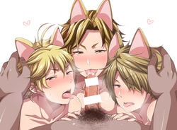 4boys all_out!! animal_ears blonde_hair blush e_(remix99) erection looking_at_viewer male multiple_blowjob multiple_boys naughty_face penis pov saliva tagme tongue tongue_out yaoi