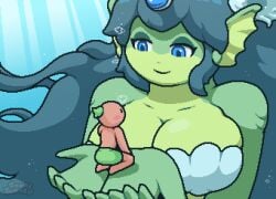 1boy 1boy1girl 1girl 1girls big_breasts blue_eyes blue_hair blush blushing boobs breasts female giantess giga_mermaid gigantic_breasts green_body green_hair green_skin hair_ornament holding_partner huge_breasts large_breasts long_hair male merfolk mermaid okami_tomato plant plant_humanoid red_body red_skin seashell_bra shantae swimming_trunks tomato tomato_(okami_tomato) underwater water watermark
