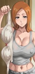 1girls ai_generated big_breasts bleach bleach:_the_thousand-year_blood_war bra brown_eyes curvy curvy_body curvy_female curvy_figure female female_only huge_breasts inoue_orihime kyoru189 large_breasts light-skinned_female light_skin looking_at_viewer mature_female nipple_bulge nipples orange_hair seductive seductive_look shiny shiny_skin solo solo_female sweat sweaty tank_top