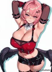 1girl 2026 ai_generated anime armpits arms_behind_head arms_up bangs belt black_skirt black_wings blush boobs breasts cleavage closed_mouth covered_nipples crossover demon_wings elbow_gloves eye_contact female female_focus fishnet_thighhighs fishnets flushed gloves hair_accessory hair_ornament hairclip handwear highres hoyoverse huge_breasts large_breasts looking_at_viewer low_wings midriff mihoyo miniskirt navel neutral_expression nsfw patreon pencil_skirt pink_hair pointy_ears purple_eyes ramiel_(zenless_zone_zero) rognezart short_hair simple_background skirt smile smiling solo thighhighs white_background wings x_hair_ornament zenless_zone_zero