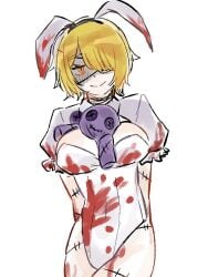 1girl a_ml0525 animal_ears between_breasts blonde_hair blood blood_on_clothes breasts cleavage closed_mouth commentary cowboy_shot don_quixote_(limbus_company) e.g.o_(project_moon) fake_animal_ears large_breasts leotard limbus_company nontraditional_playboy_bunny one_eye_covered orange_eyes orange_hair project_moon rabbit_ears shaded_face short_hair smile stitches strapless strapless_leotard stuffed_toy untranslatable_commentary white_leotard