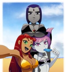 3girls alien alpha_channel alternate_breast_size beach big_breasts bikini bob_cut breasts busty cleavage dc dc_comics demon_girl female female_only goth hourglass_figure huge_breasts human jinx_(dc) large_breasts looking_at_viewer popsicle rachel_roth raven_(dc) ravenravenraven selfie small_breasts starfire teen_titans teenager transparent_background transparent_png voluptuous