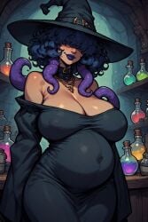 ai_generated black_lipstick choker curvy_hips goth goth_girl hair_over_eyes nipple_outline perchance_ai pregnant tentacles voluptuous voluptuous_female witch witch_hat