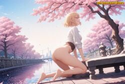 1girl ai_generated all_fours ass barefoot blonde_hair blue_sky blush bottomless breasts bridge cha_hae-in cha_hae_in cherry_blossoms closed_mouth collared_shirt corset day earrings falling_petals feet from_side full_body kneeling legs looking_at_viewer medium_breasts nivora outdoors parted_lips petals purple_eyes reflection reflective_water river shirt short_hair sky sleeves_rolled_up smile soles solo solo_leveling stone_lantern thighs toes tongue tongue_out tree water white_shirt