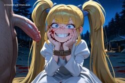 1girl absurdly_long_hair ai_assisted ai_generated angelica_pickles anime_screencap blonde_hair blood_splatter campsite close_up evil_smile firelight flaccid_penis frowning hands_on_own_face high_quality juliet_sleeves kneeling long_sidelocks long_sleeves looking_at_penis looking_at_viewer middle_finger night outside rugrats teeth twintails upper_body white_dress white_robe