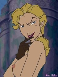 atlantis:_the_lost_empire blonde_hair blue_eyes breasts disney edit female gloves helga_sinclair lipstick long_hair nimi_halter_(artist) nipples screenshot screenshot_edit smile teeth topless