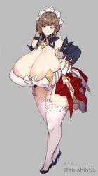 1girls areolae blue_eyes breasts breasts_bigger_than_head brown_hair bursting_breasts cleavage detached_collar female female_only full_body garter_belt garter_straps genshin_impact grey_background hand_on_hip high_heels huge_breasts light-skinned_female light_skin massive_breasts nipple_bulge sandrone_(genshin_impact) shiny_skin simple_background solo thick_thighs thigh_highs username